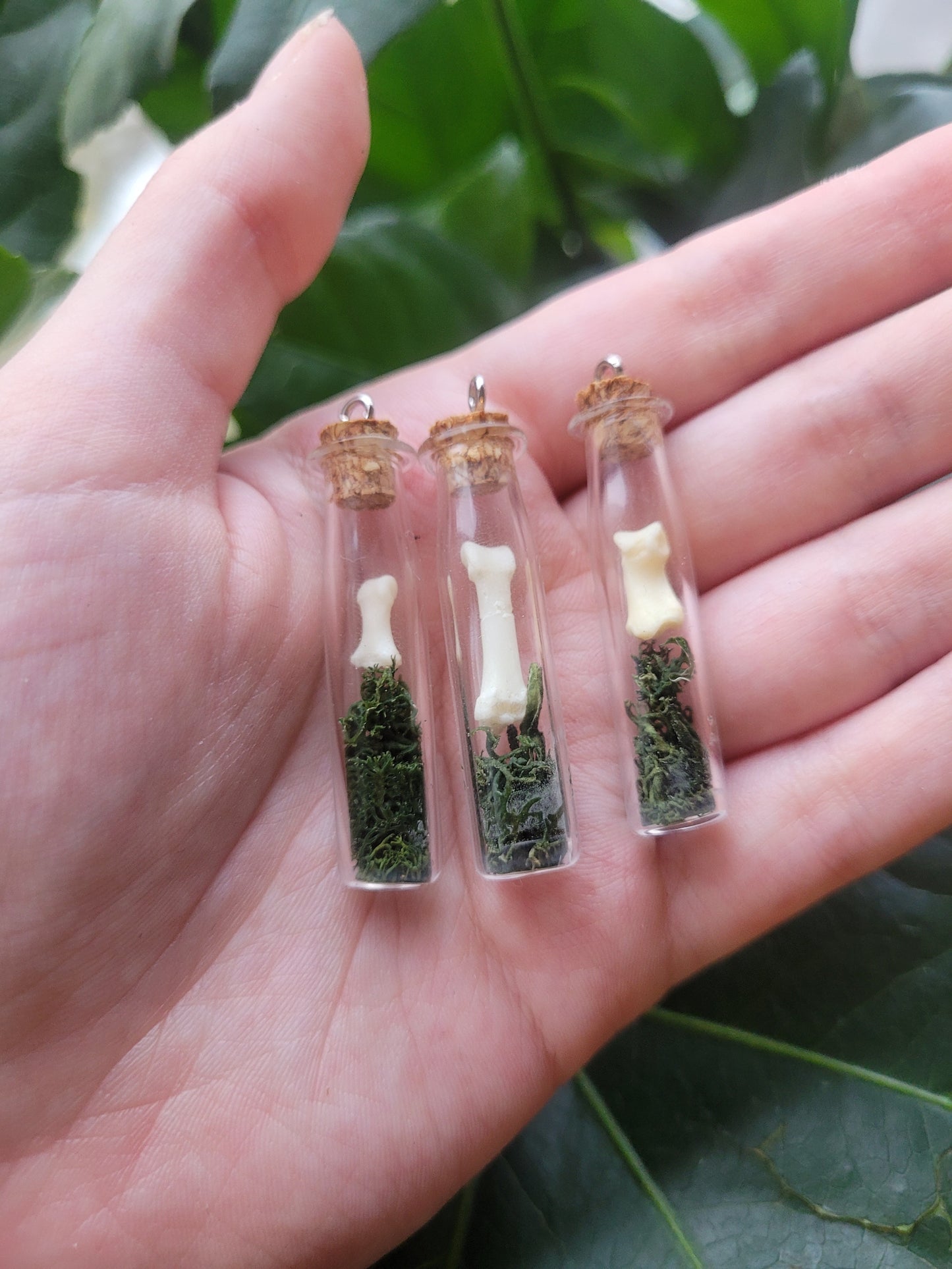 Mossy badger bone bottle necklace