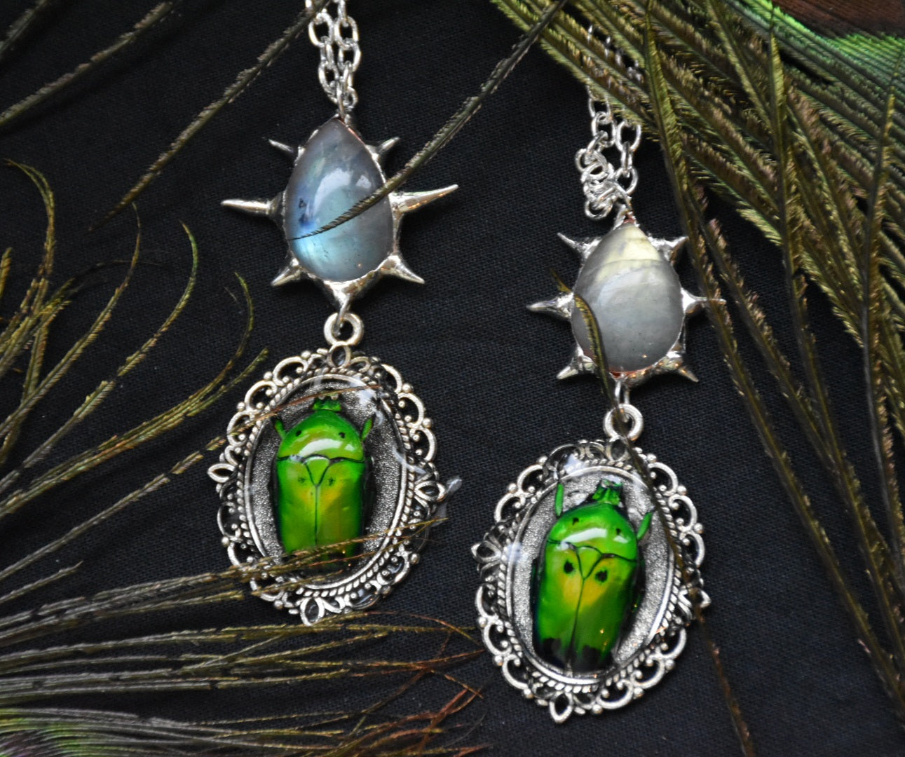 Labrodarite bug necklace