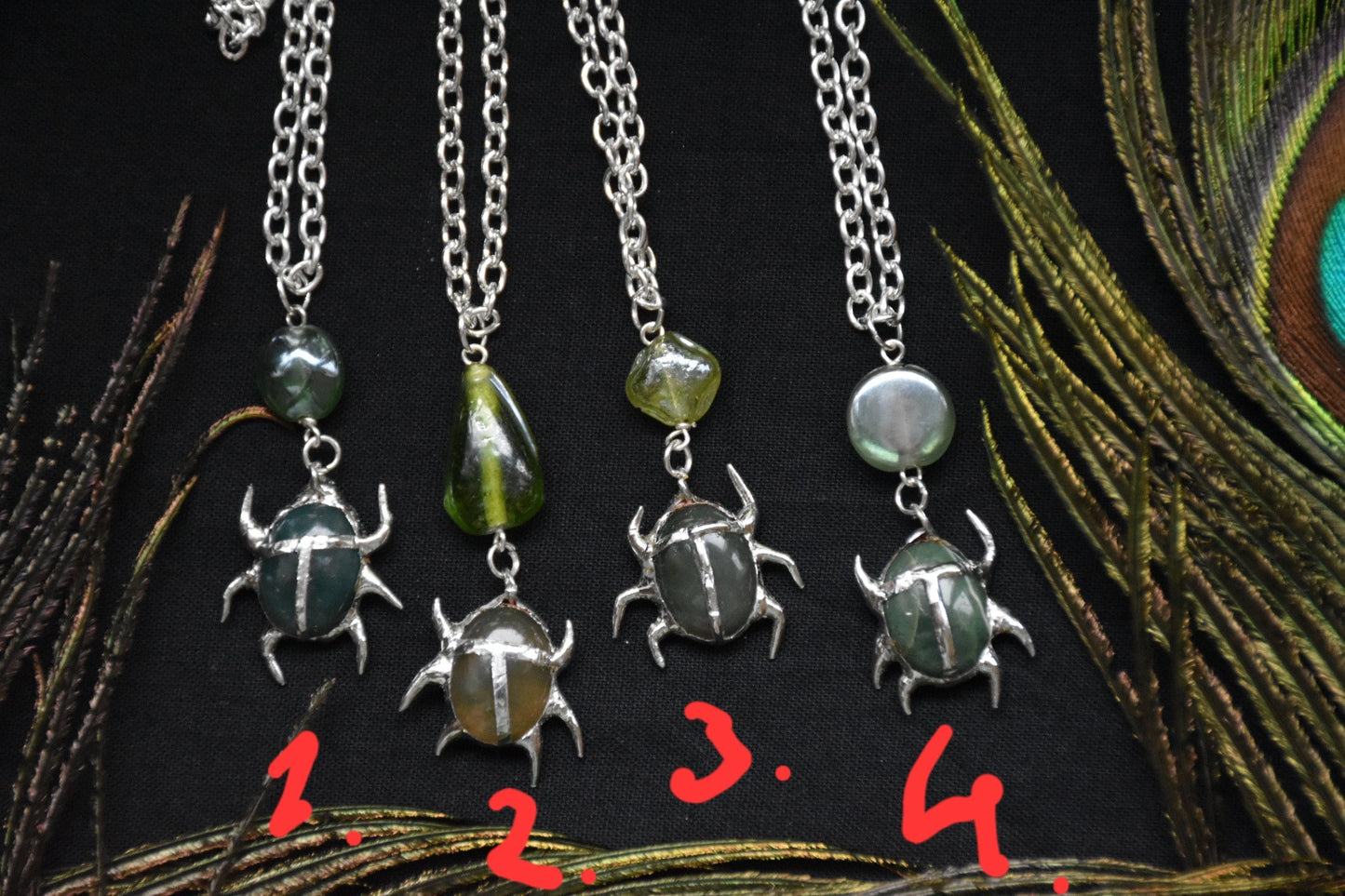 Soldered moss agate beetle necklaces