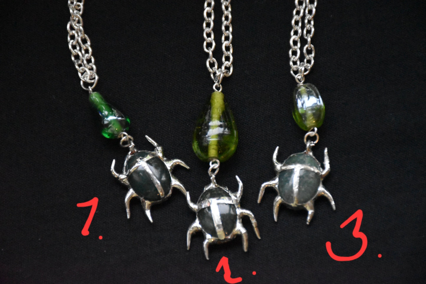 Soldered moss agate beetle necklaces