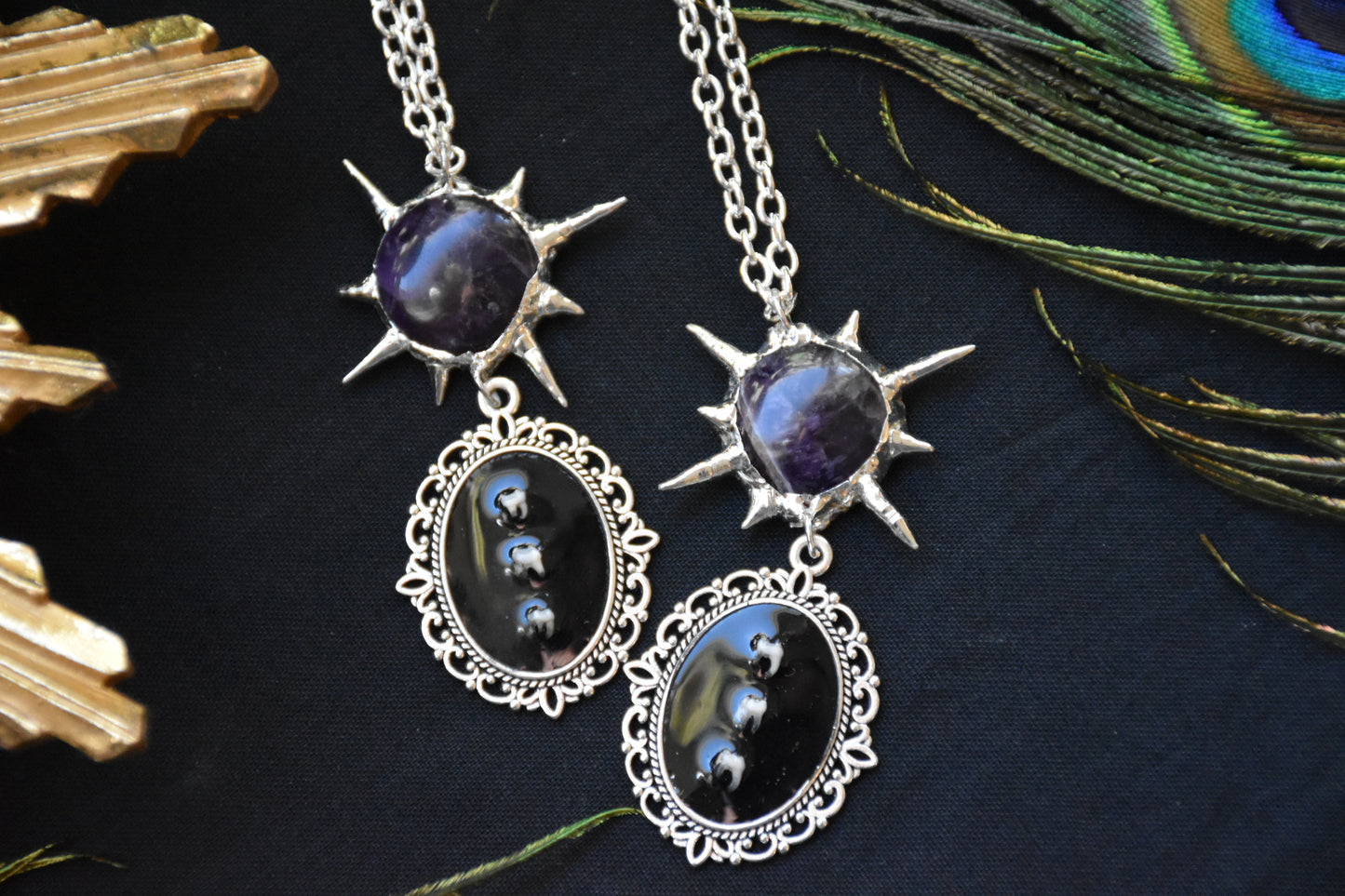 Soldered amethyst squirrel teeth necklace