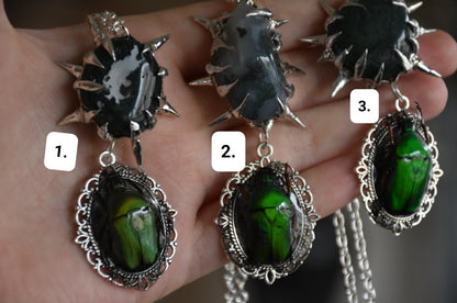Moss agate beetle necklaces