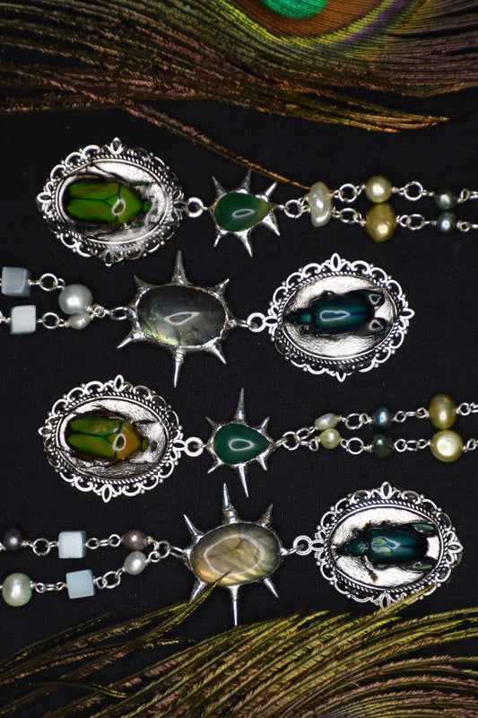 Beetle pearl necklaces