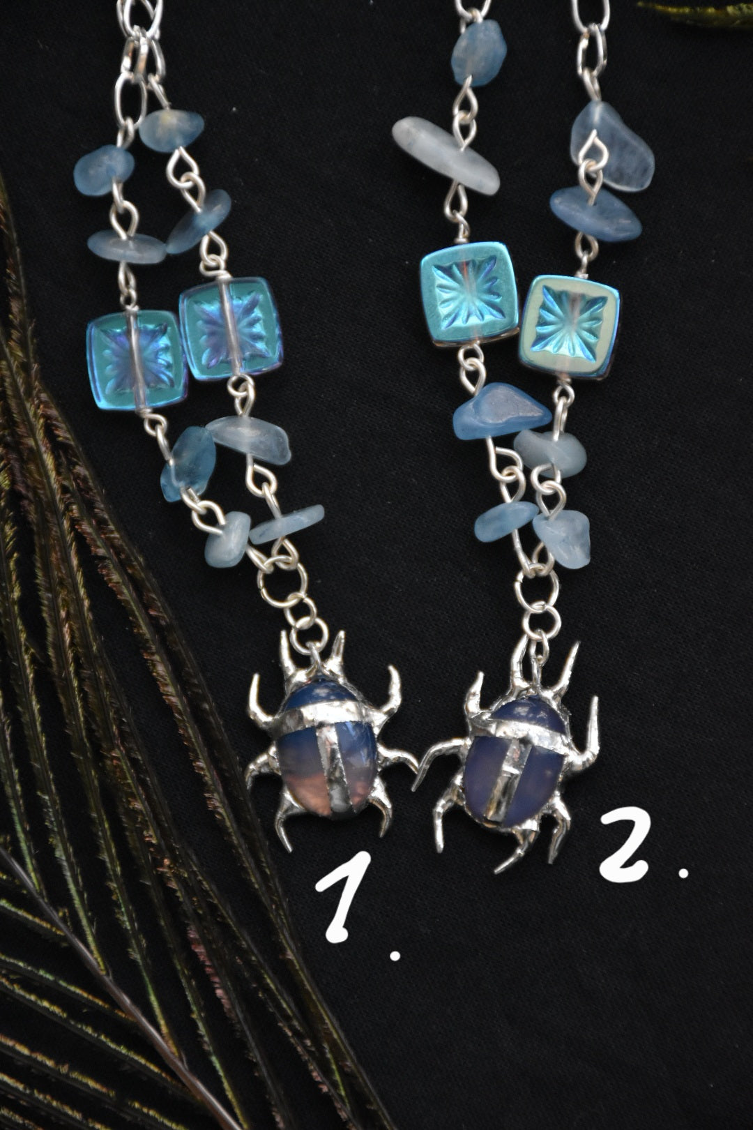 blue crystal beetle necklace