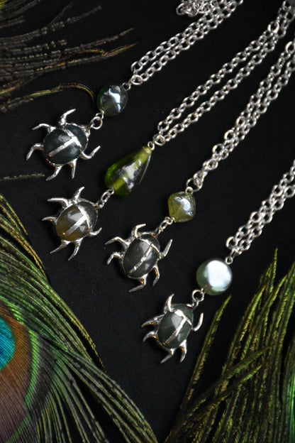 Soldered moss agate beetle necklaces
